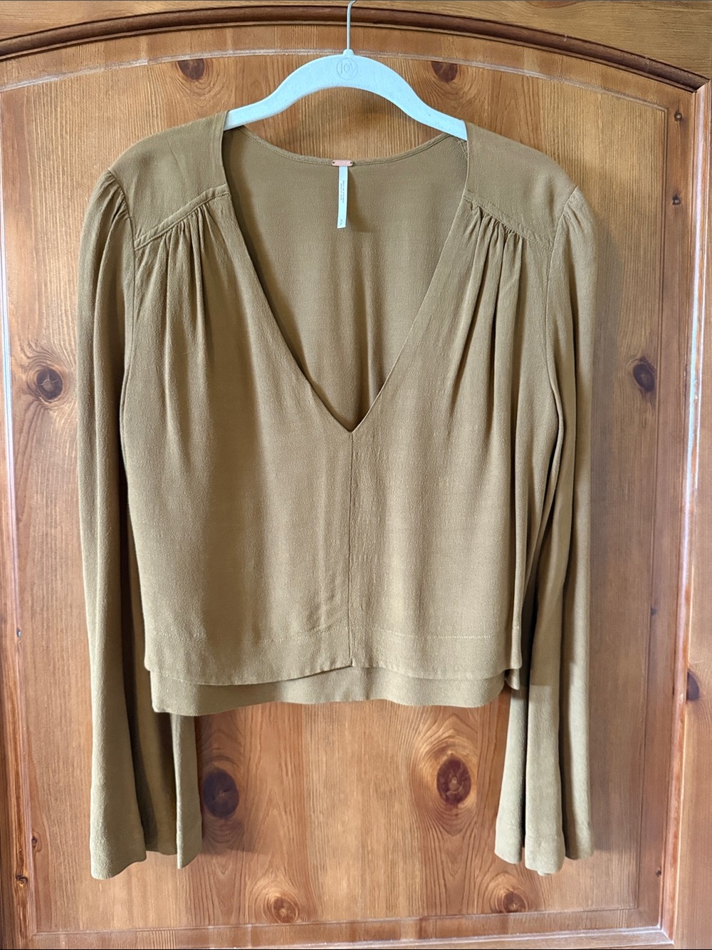 Free People Olive V-Neck Long Sleeve Blouse